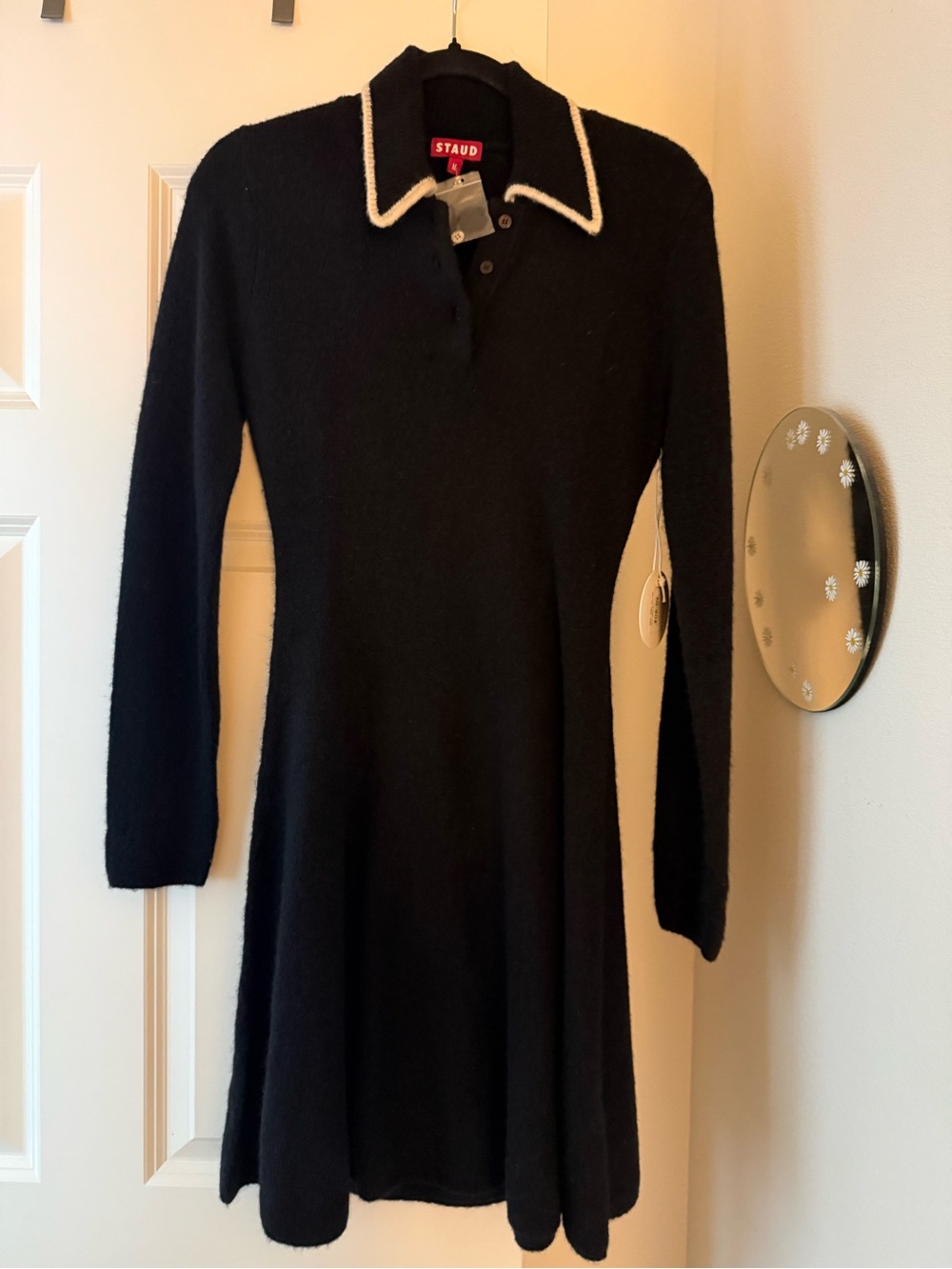 NWOT STAUD Black Knit Collar Dress with Contrast Trim
